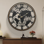 Farmhouse World Map Wall Clock 26 Inch, Rustic round Metal Frame Silent Quartz Clock for Living Room, Kitchen