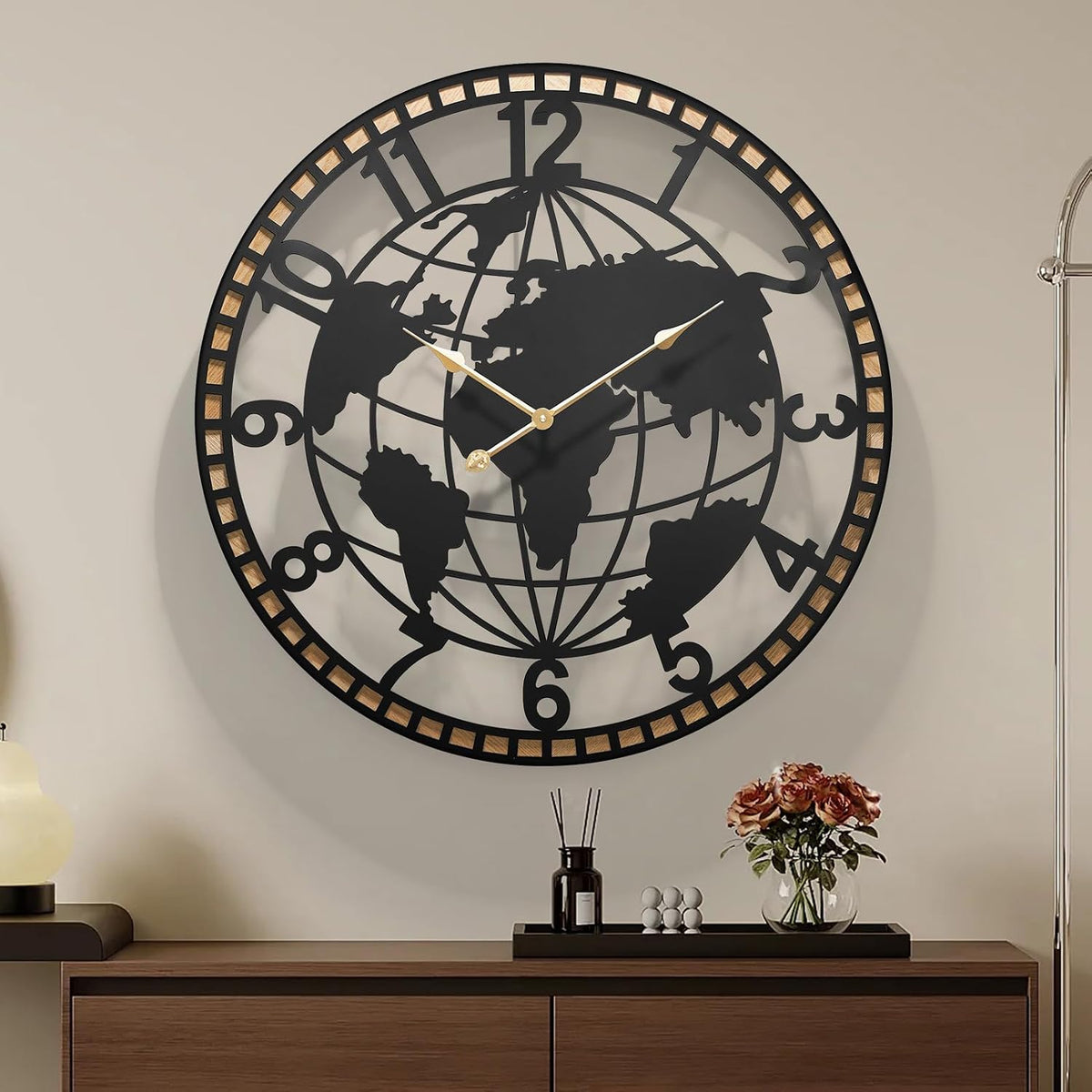 Farmhouse World Map Wall Clock 26 Inch, Rustic round Metal Frame Silent Quartz Clock for Living Room, Kitchen