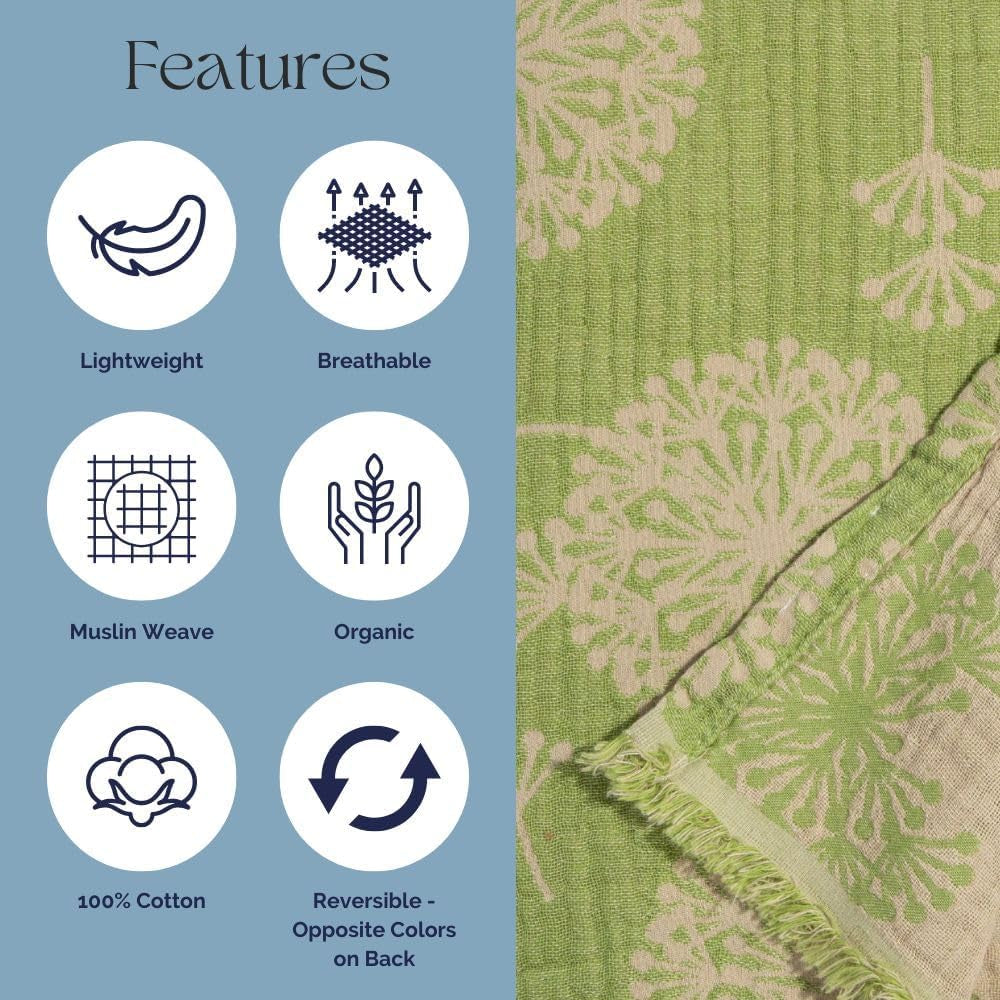 Turkish Cotton Muslin Throw Blanket, Reversible Dandelion Pattern, Oversized 92X65