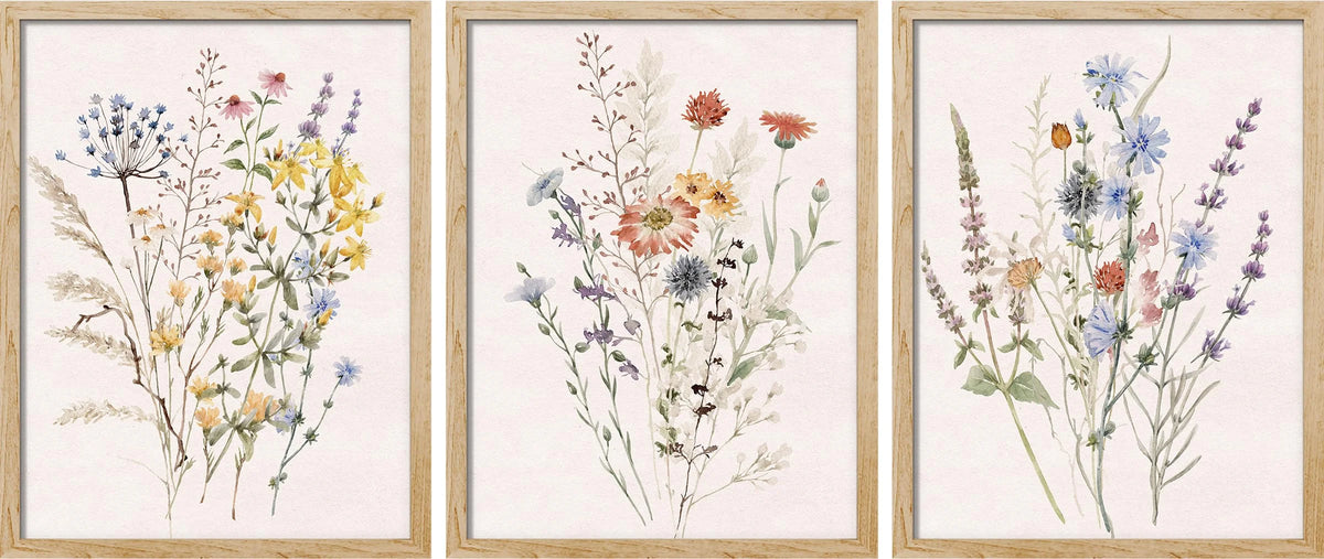 Framed Canvas Wall Art Set of 3, Watercolor Wildflower Botanical Prints for Living Room, Bedroom, Farmhouse Decor, Natural