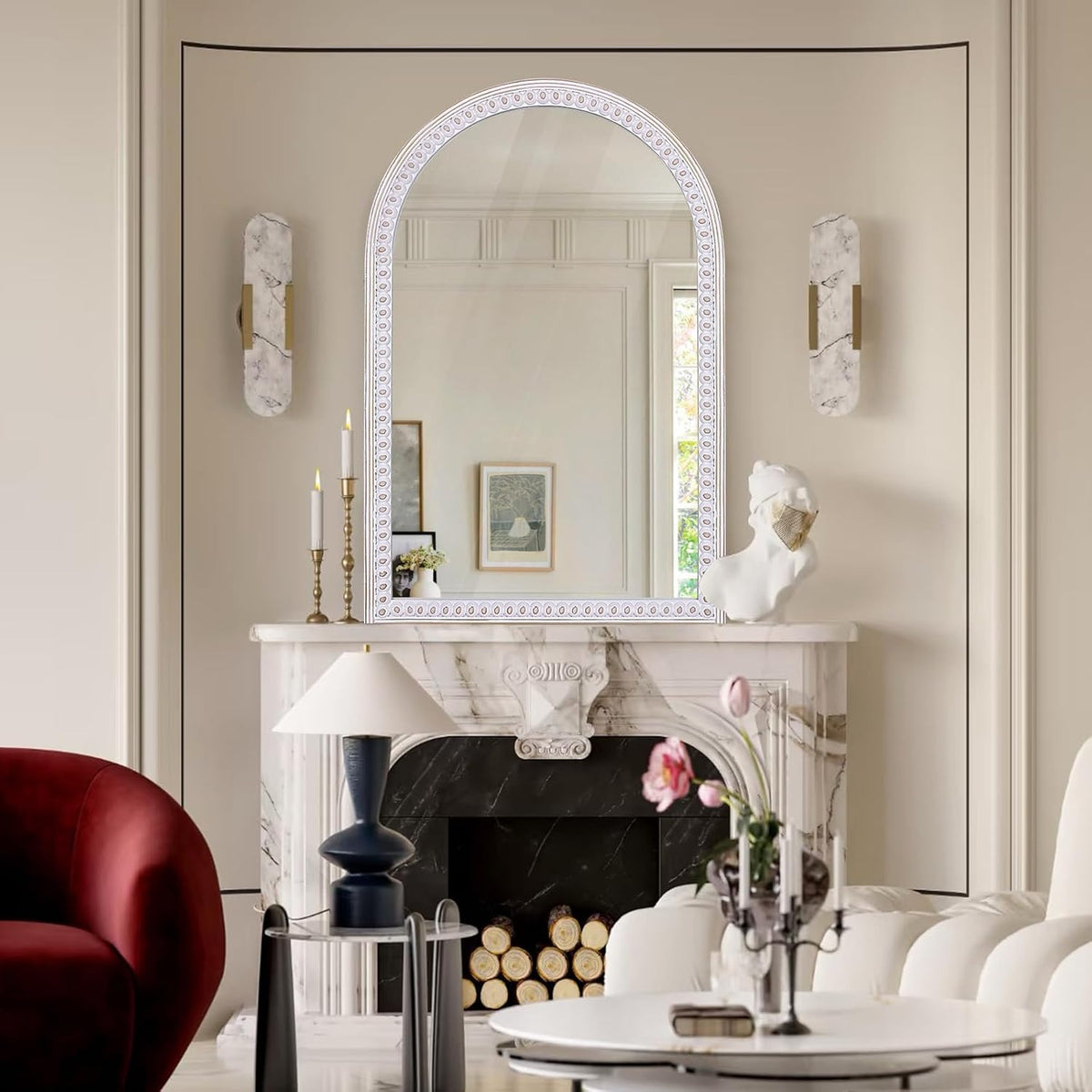 Wooden Arched Wall Mirror 36X24, Boho Farmhouse Bead Border Mirror for Bathroom, Entryway, Living Room