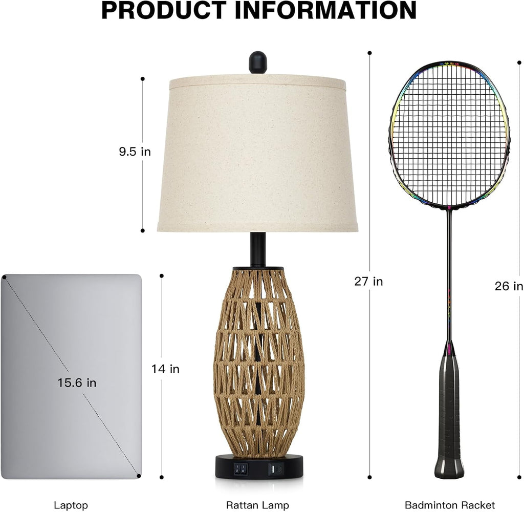 Boho Rattan Table Lamp with Night Light, Woven Wicker Bedside Lamp with USB Charging Ports