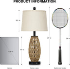 Boho Rattan Table Lamp with Night Light, Woven Wicker Bedside Lamp with USB Charging Ports