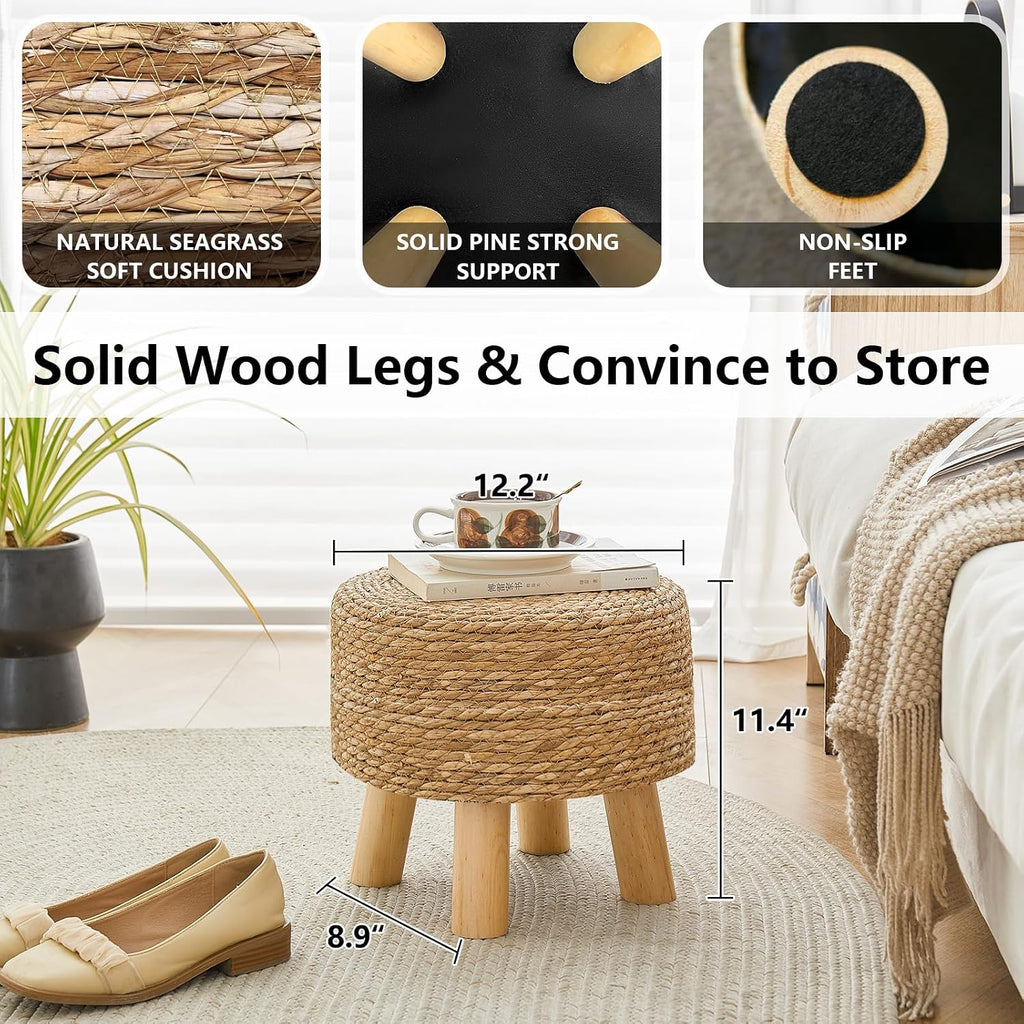 Round Seagrass Footstool, Natural Woven Ottoman with Wood Legs, Multifunctional Accent Stool