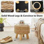 Round Seagrass Footstool, Natural Woven Ottoman with Wood Legs, Multifunctional Accent Stool
