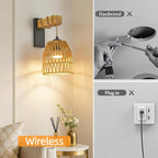 Boho Rattan Battery Operated Wall Sconces, Cordless Wireless Wall Lights with Remote, Set of 2