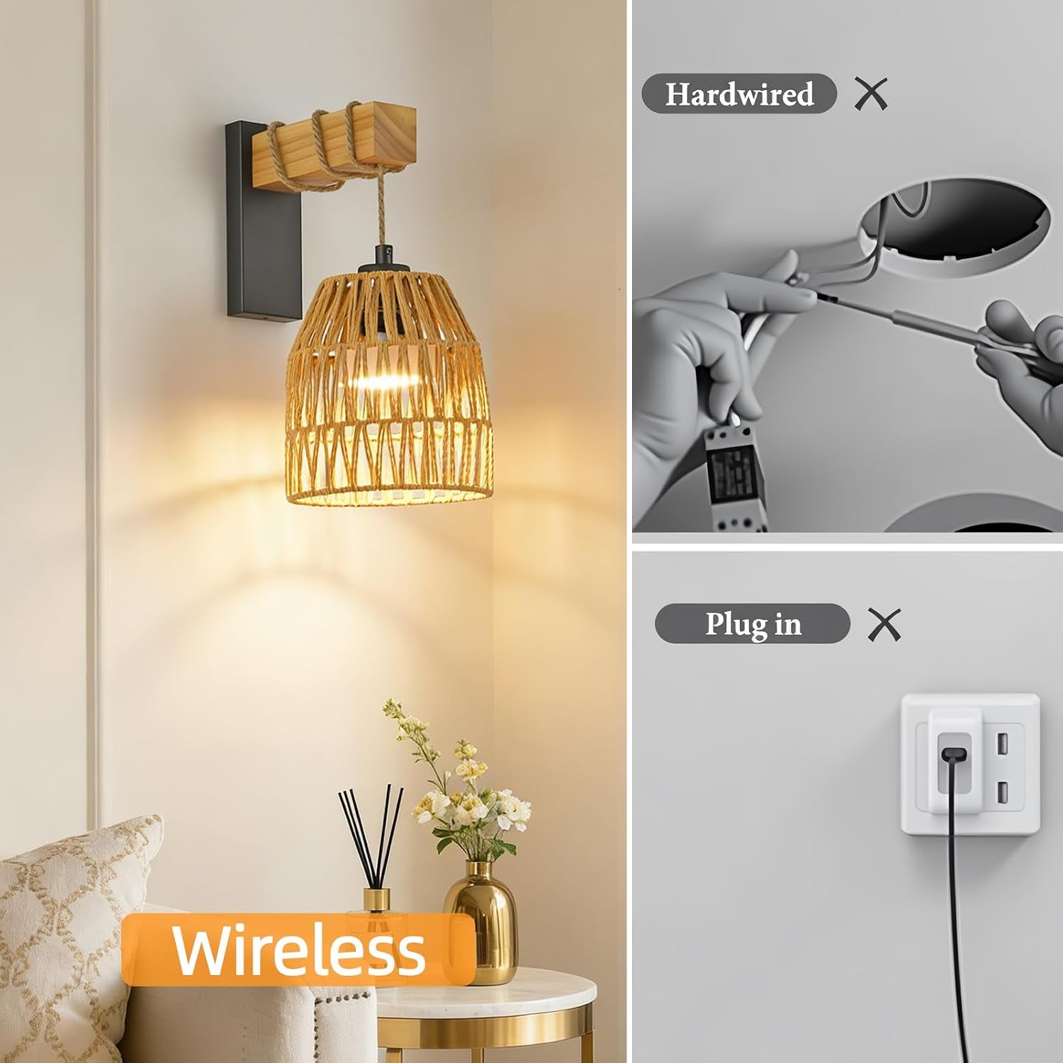 Boho Rattan Battery Operated Wall Sconces, Cordless Wireless Wall Lights with Remote, Set of 2