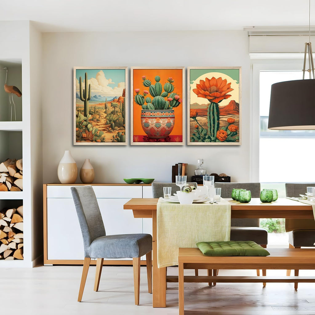 Wood Framed Mexican Cactus Wall Art Set of 3, Vintage Desert Botanical Canvas Prints, Boho Southwestern