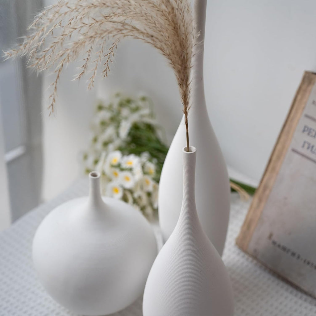 White Ceramic Vase Set of 3, Boho Wabi-Sabi Minimalist Vases for Living Room, Shelf, Centerpiece