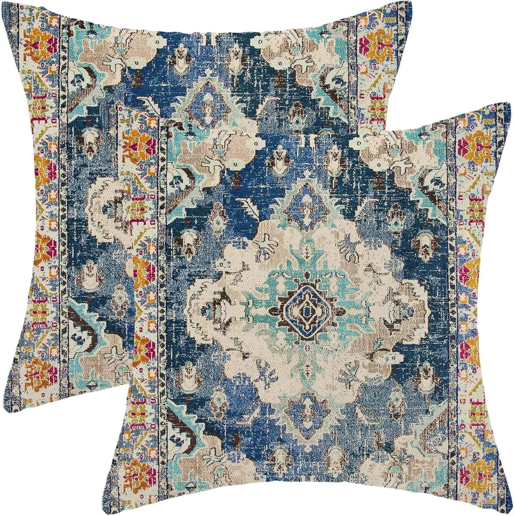 Boho Throw Pillow Covers Set of 2, Linen Farmhouse Decorative Cushion Covers for Sofa, Couch, Bed, 18X18