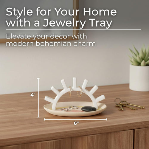 Boho Ceramic Trinket Tray with Ring Holder, Sunburst Jewelry Dish for Vanity, Nightstand