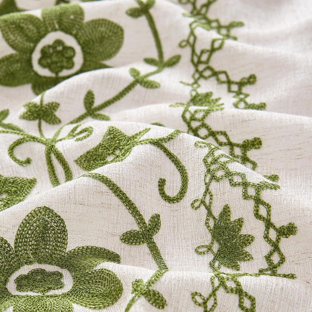 Sage Green Boho Curtains, Vintage Floral Embroidered Linen Drapes, Set of 2 Panels 52X84