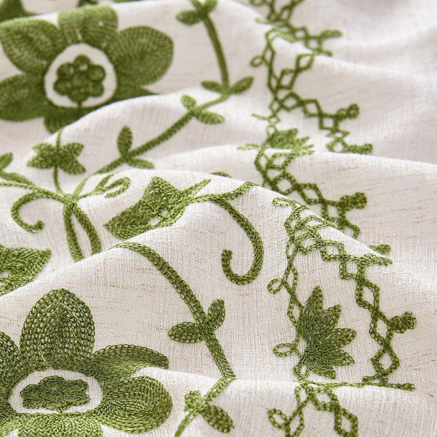 Sage Green Boho Curtains, Vintage Floral Embroidered Linen Drapes, Set of 2 Panels 52X84