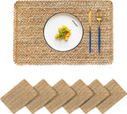 Woven Water Hyacinth Placemats Set of 6, Boho Farmhouse Rattan Table Mats