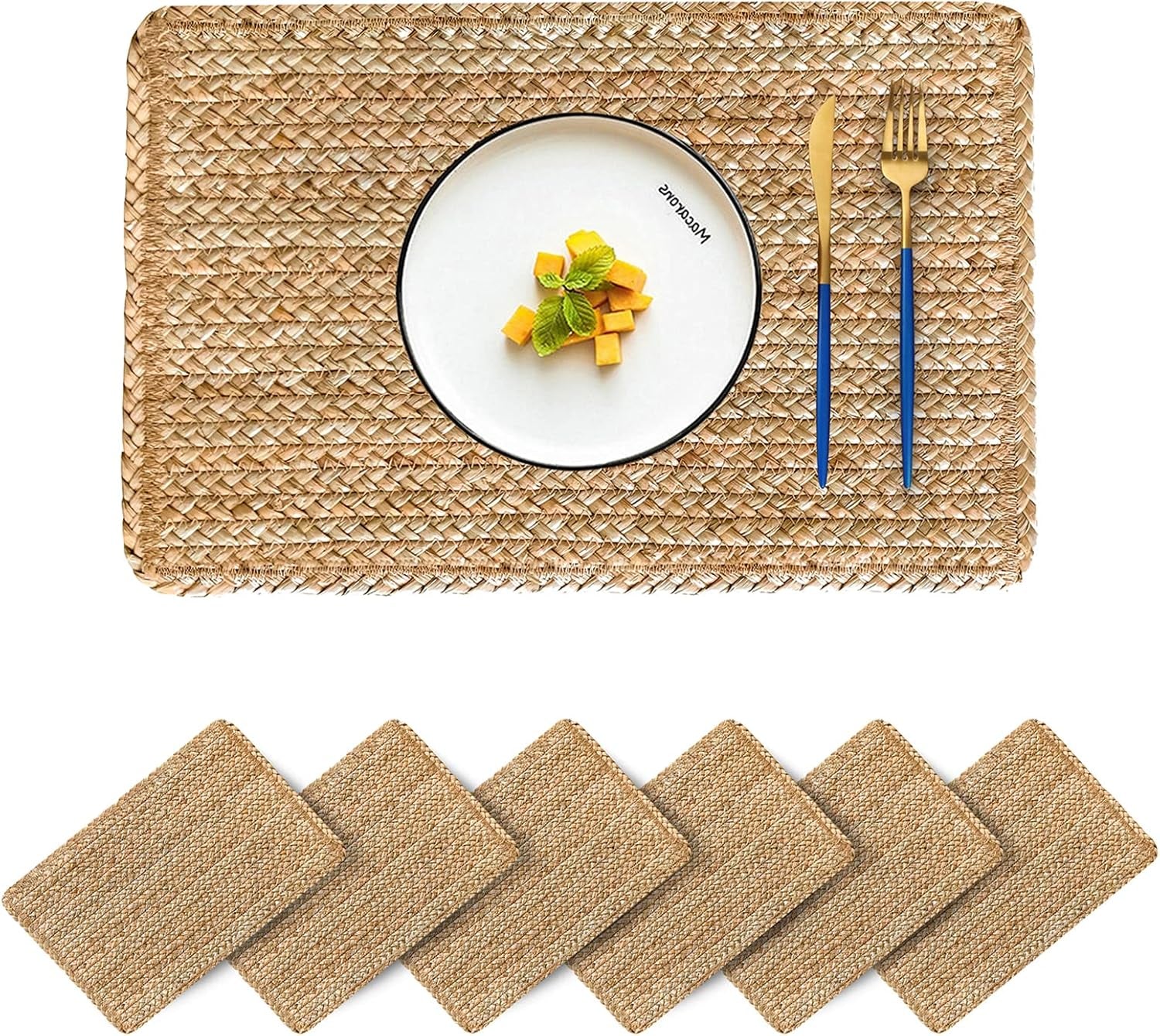 Woven Water Hyacinth Placemats Set of 6, Boho Farmhouse Rattan Table Mats