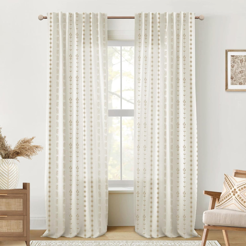 Brown Boho Floral Linen Curtains, Sheer Farmhouse Window Drapes, Set of 2 Panels 50X84