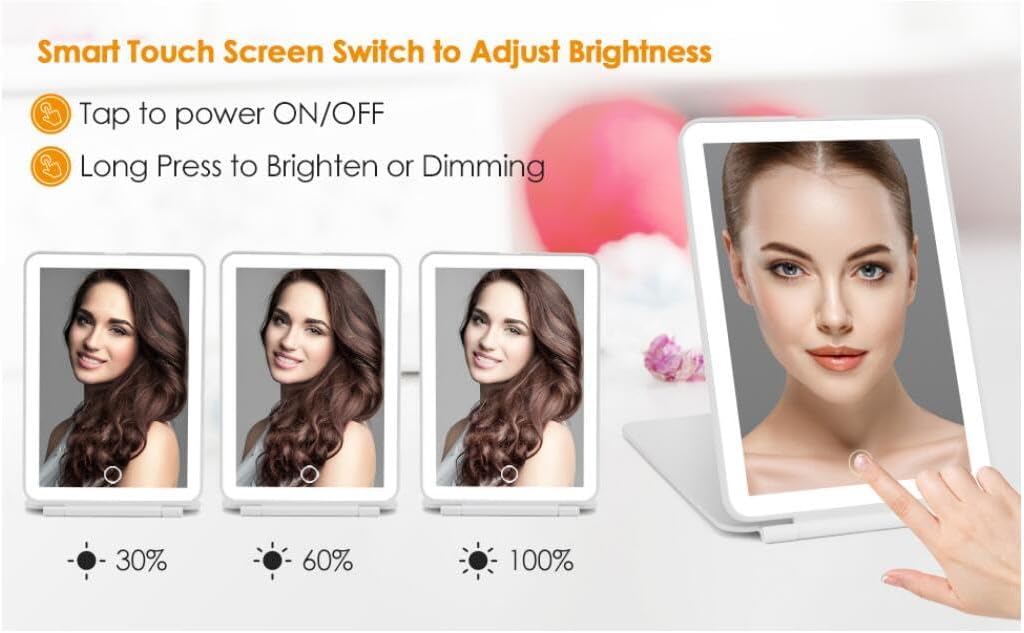 Foldable LED Makeup Mirror - touch screen control