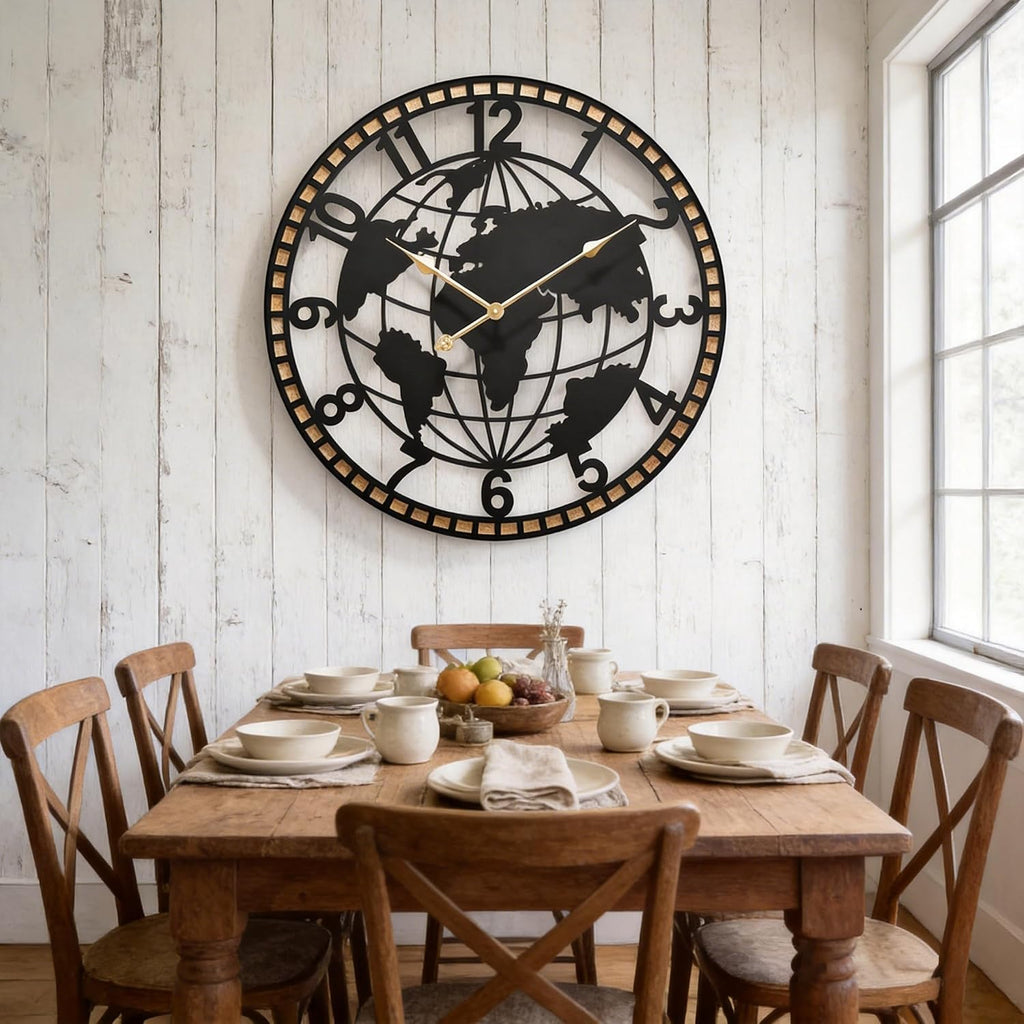 Farmhouse World Map Wall Clock 26 Inch, Rustic round Metal Frame Silent Quartz Clock for Living Room, Kitchen
