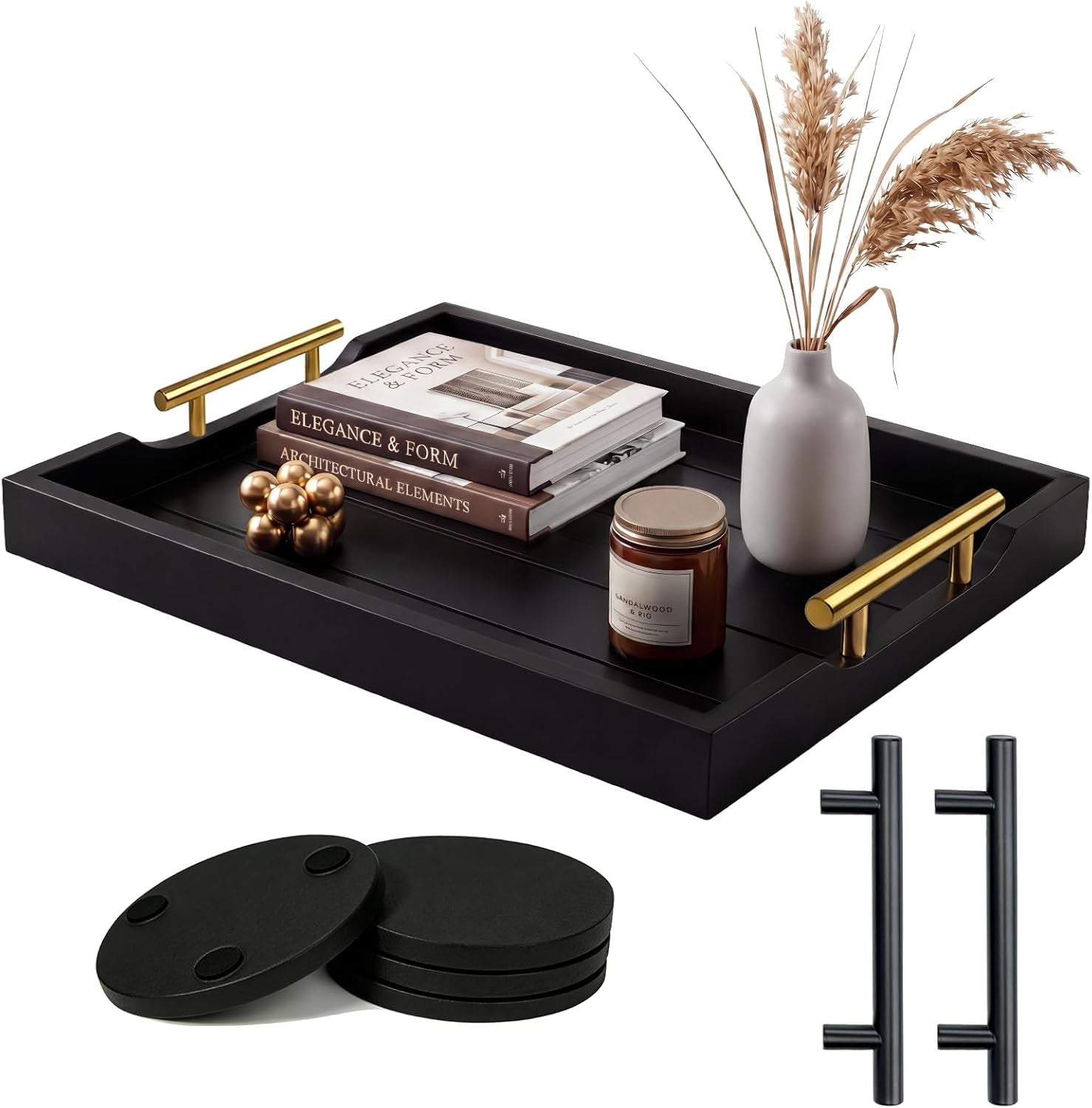 Wood Serving Tray with Metal Handles, Decorative Ottoman Tray for Coffee Table