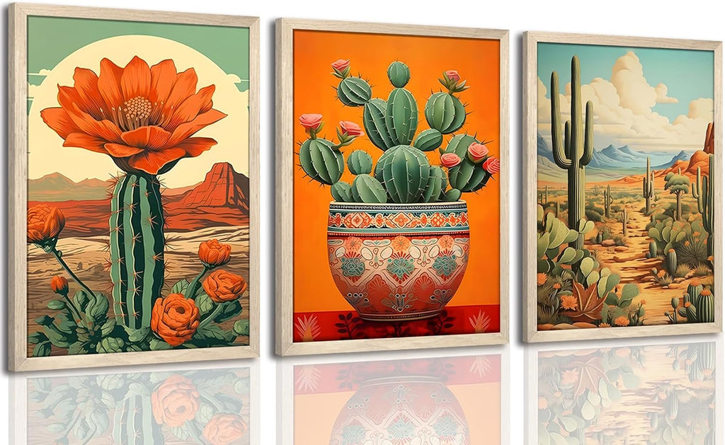 Wood Framed Mexican Cactus Wall Art Set of 3, Vintage Desert Botanical Canvas Prints, Boho Southwestern