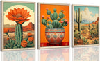 Wood Framed Mexican Cactus Wall Art Set of 3, Vintage Desert Botanical Canvas Prints, Boho Southwestern