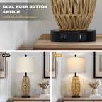 Boho Rattan Table Lamp with Night Light, Woven Wicker Bedside Lamp with USB Charging Ports