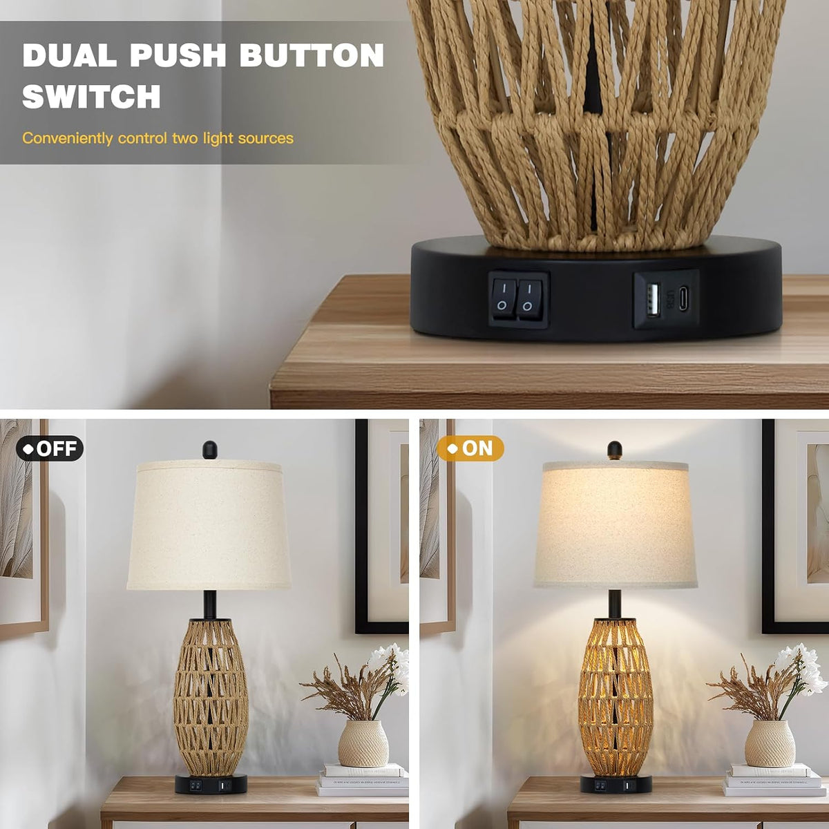 Boho Rattan Table Lamp with Night Light, Woven Wicker Bedside Lamp with USB Charging Ports