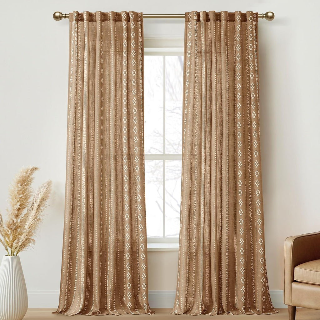 Terracotta Boho Linen Curtains, Geometric Stripe Light Filtering Farmhouse Drapes, Set of 2 Panels 52X84