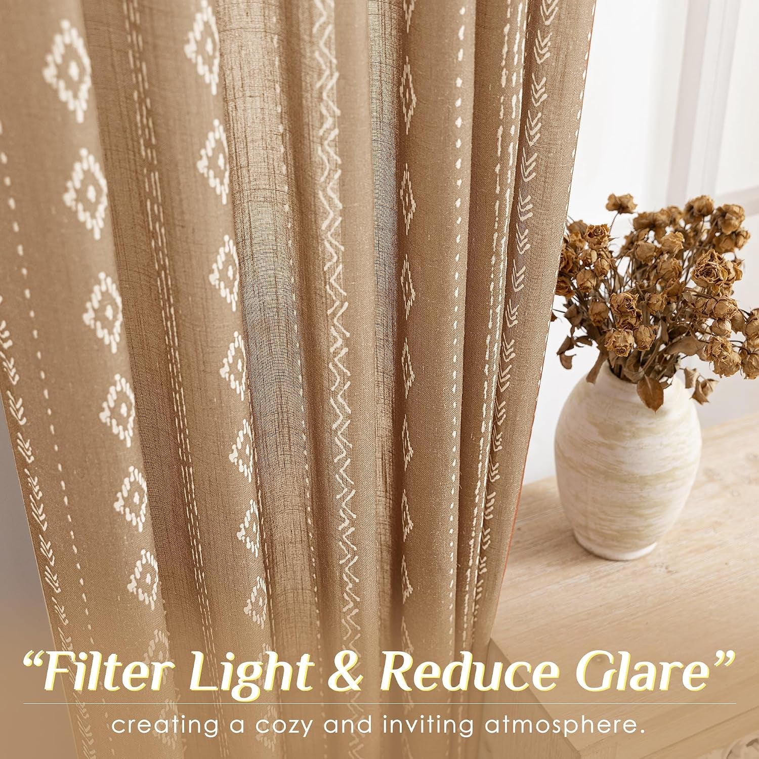 Terracotta Boho Linen Curtains, Geometric Stripe Light Filtering Farmhouse Drapes, Set of 2 Panels 52X84