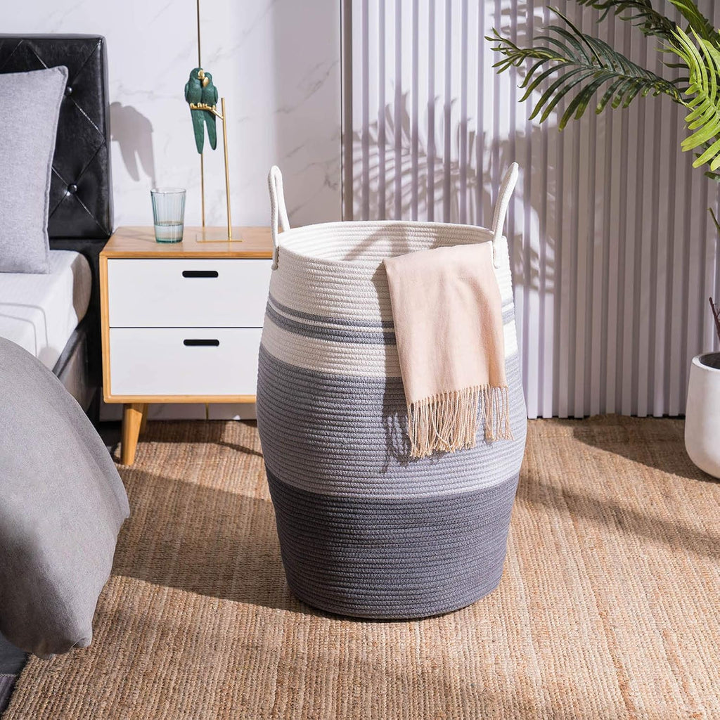 Woven Cotton Rope Laundry Hamper, Collapsible Storage Basket for Bedroom, Nursery, Laundry Room, 105L