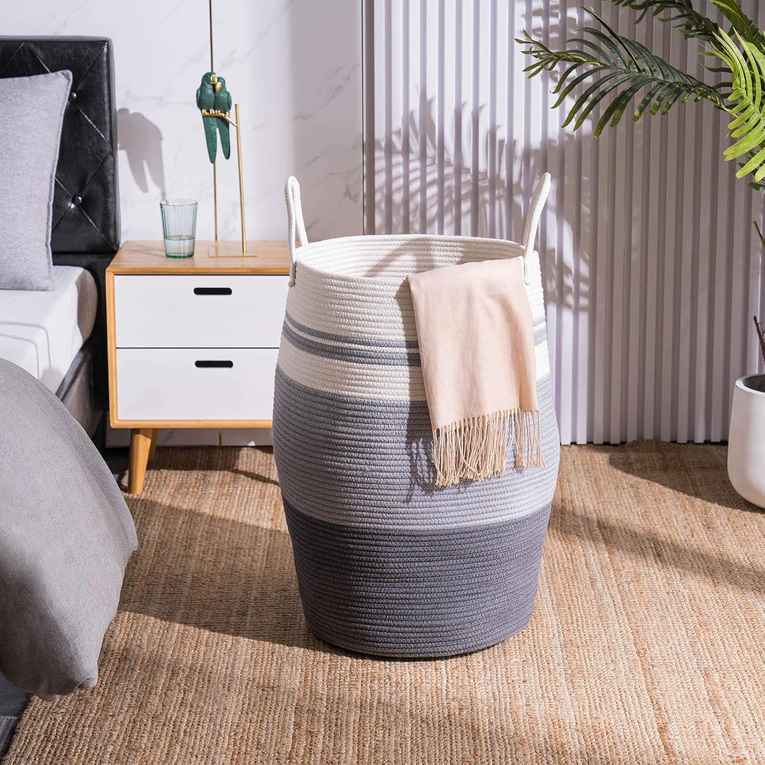 Woven Cotton Rope Laundry Hamper, Collapsible Storage Basket for Bedroom, Nursery, Laundry Room, 105L