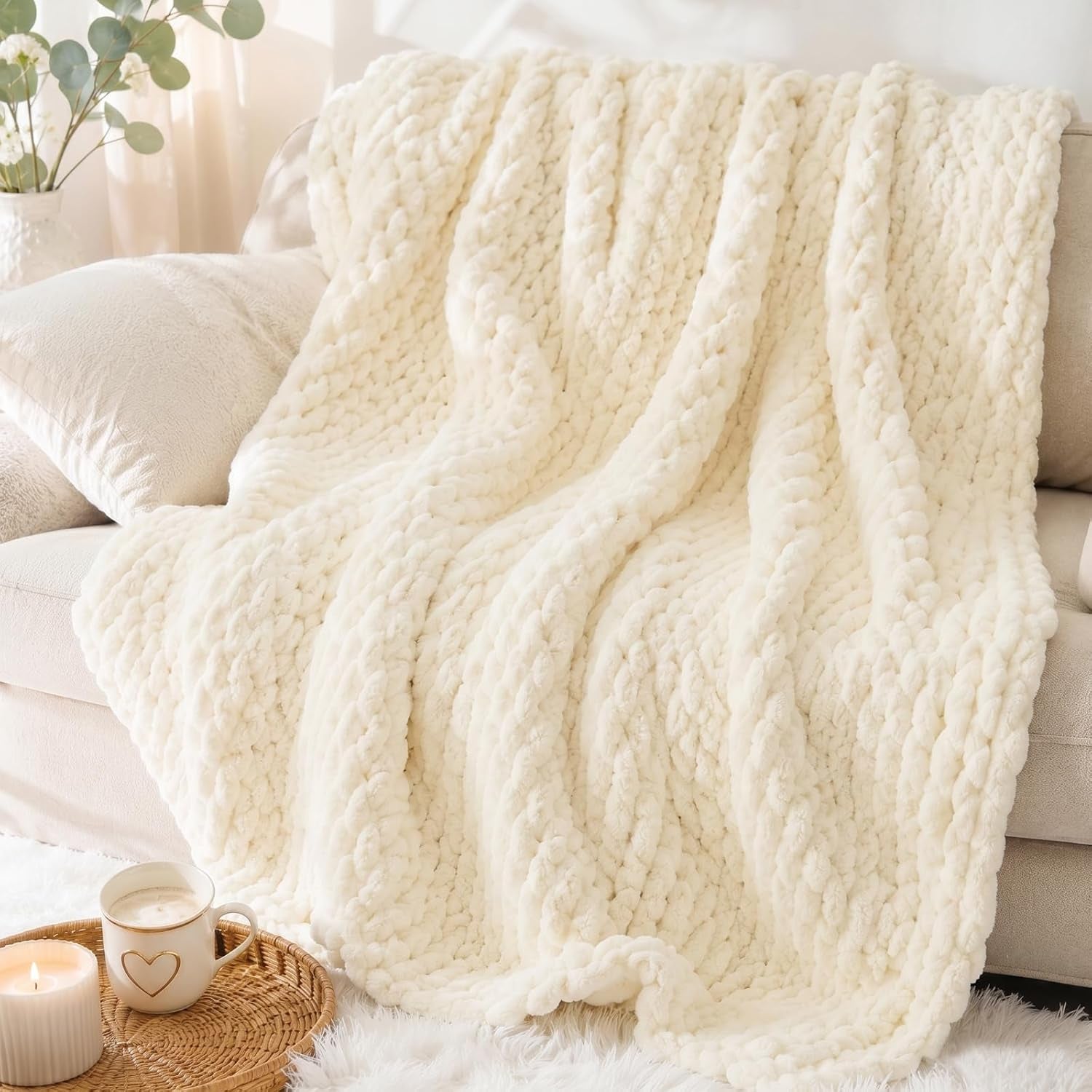 Chunky Knit Chenille Throw Blanket, Boho Cable Knit Blanket for Sofa, Couch, Bed 50X60