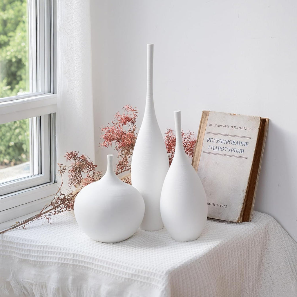 White Ceramic Vase Set of 3, Boho Wabi-Sabi Minimalist Vases for Living Room, Shelf, Centerpiece