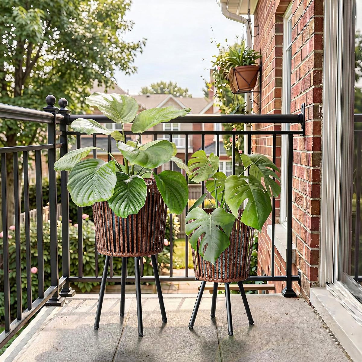 Set of 2 Rattan Plant Stands, Boho Handwoven Wicker Plant Holders with Metal Frame