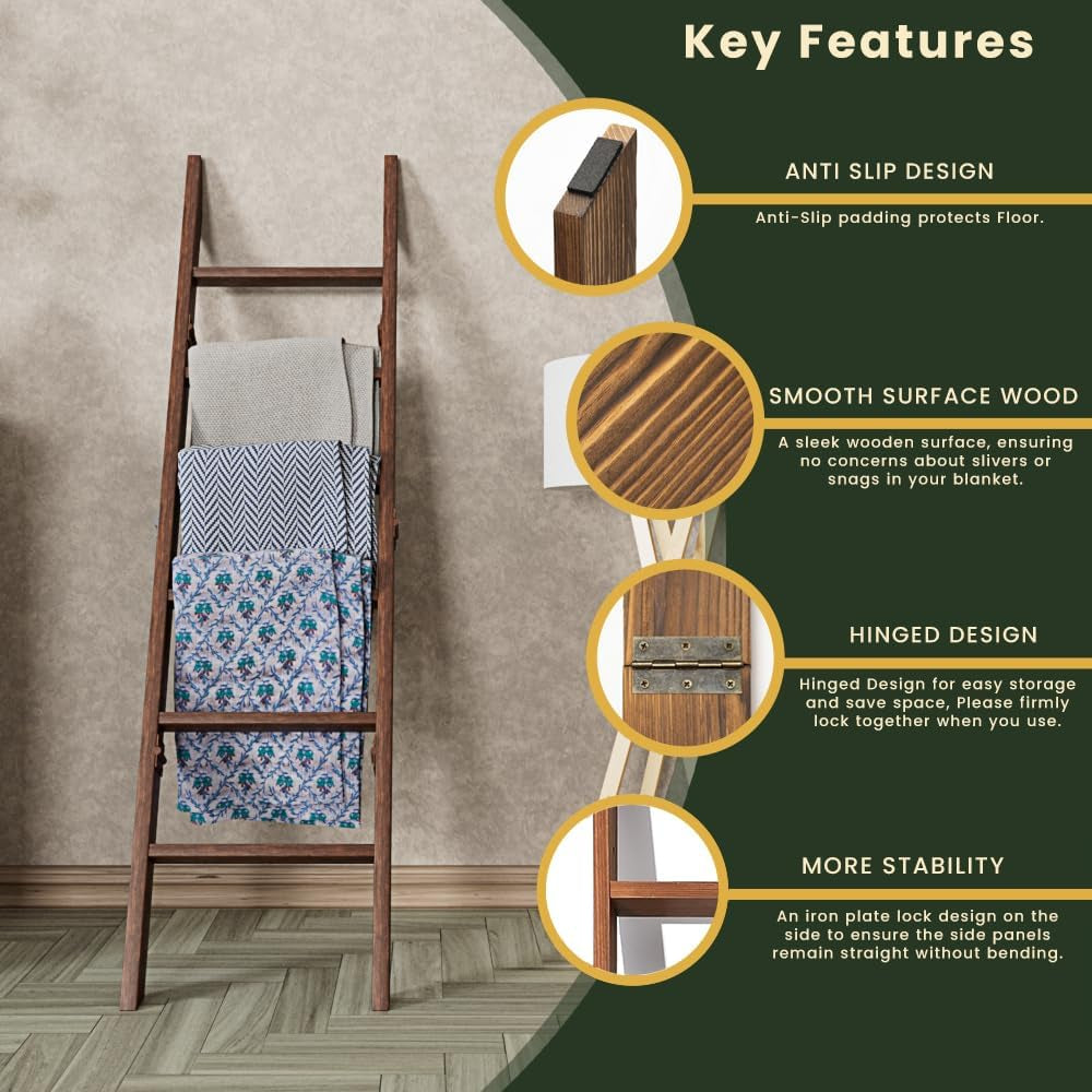 Wooden Blanket Ladder 6-Tier, Rustic Farmhouse Quilt Rack, 68 Inch Tall Decorative Blanket Holder