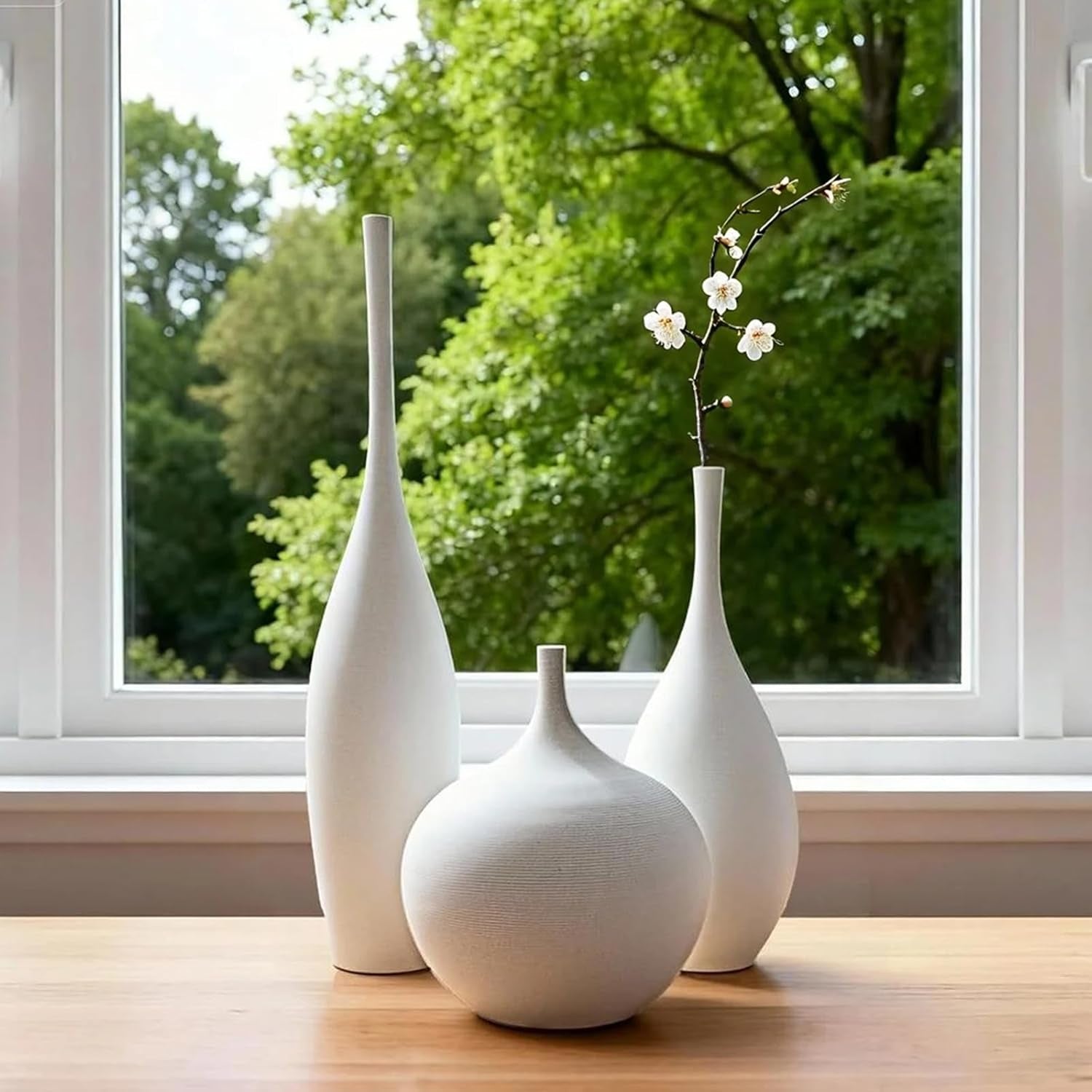 White Ceramic Vase Set of 3, Boho Wabi-Sabi Minimalist Vases for Living Room, Shelf, Centerpiece