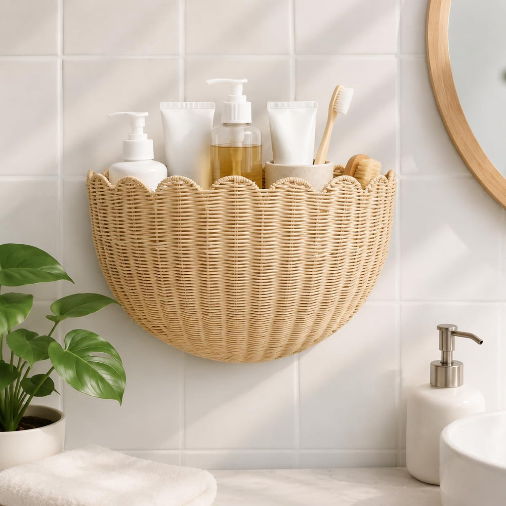 Scalloped Woven Rattan Wall Basket Set of 2, Boho Wall Storage for Bathroom, Bedroom, Entryway