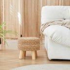 Round Seagrass Footstool, Natural Woven Ottoman with Wood Legs, Multifunctional Accent Stool