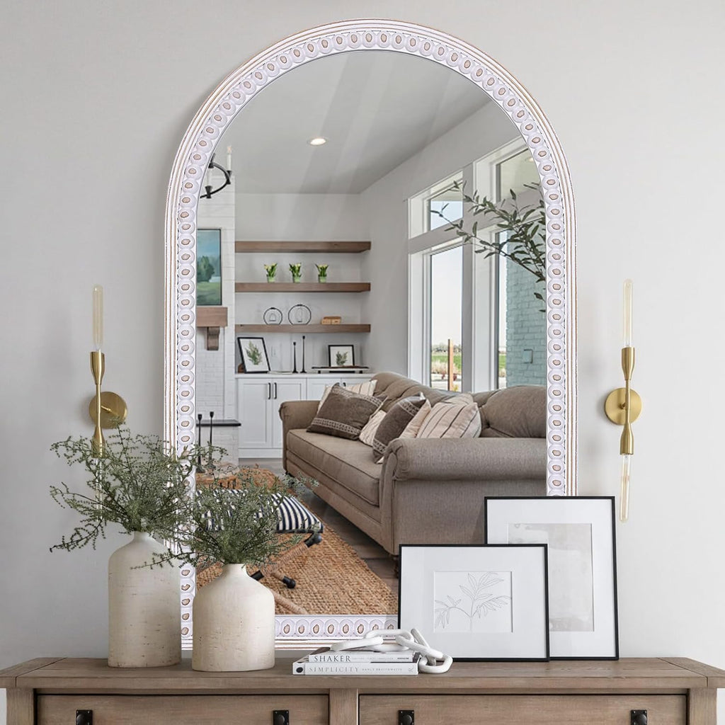 Wooden Arched Wall Mirror 36X24, Boho Farmhouse Bead Border Mirror for Bathroom, Entryway, Living Room