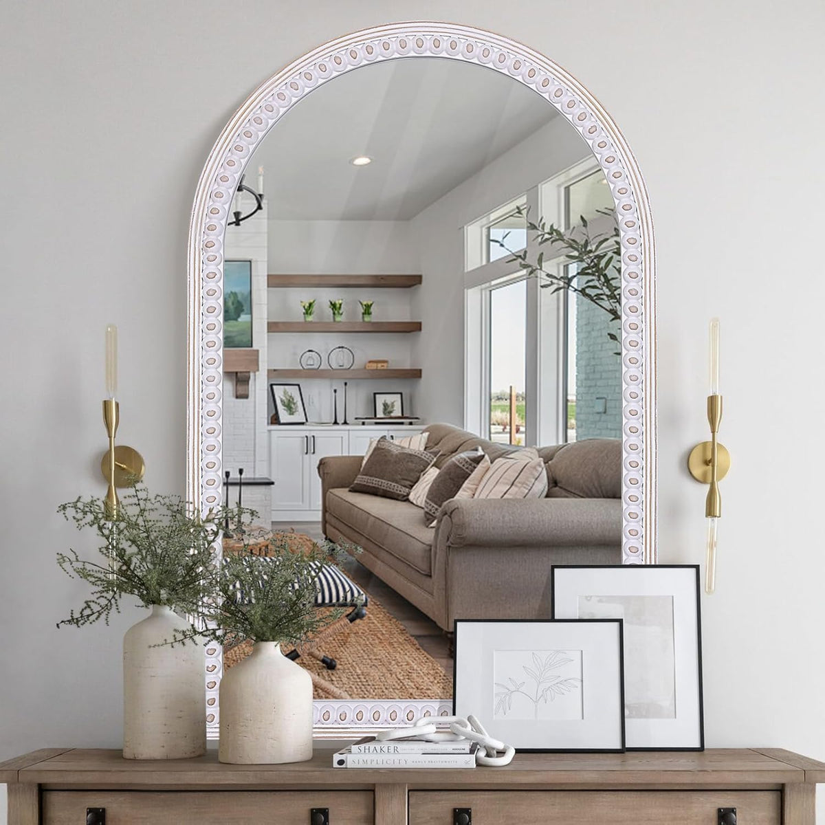 Wooden Arched Wall Mirror 36X24, Boho Farmhouse Bead Border Mirror for Bathroom, Entryway, Living Room