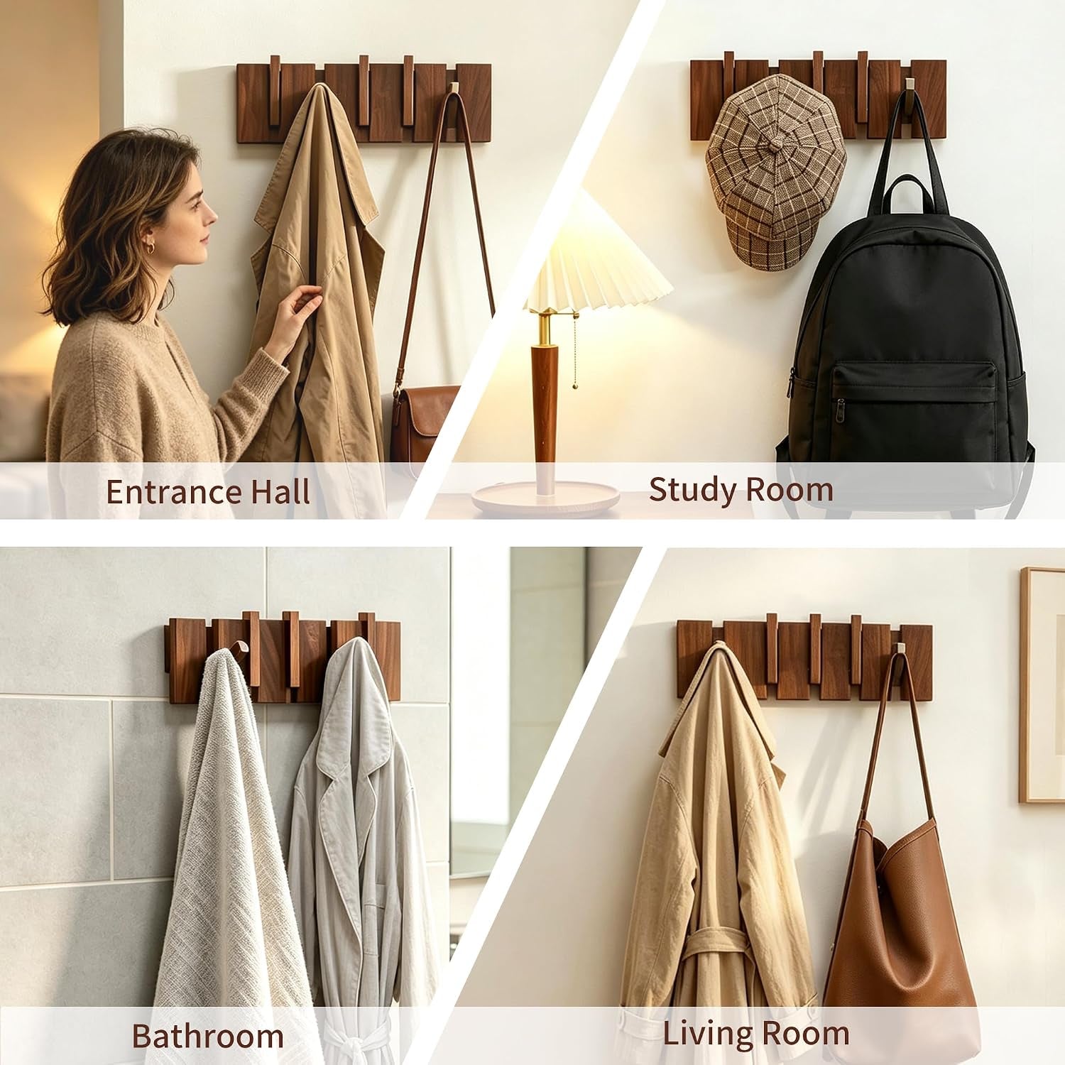 Walnut Wood Coat Rack Wall Mount, Piano Key Design 5-Hook Wall Hanger for Entryway, Bedroom, Bathroom