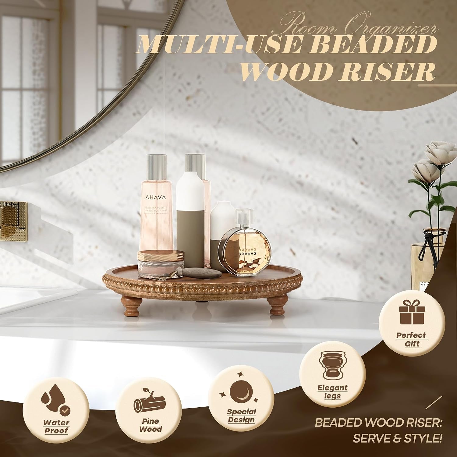 Acacia Wood round Display Riser, Beaded Pedestal Stand for Coffee Table, Vanity, Kitchen Counter