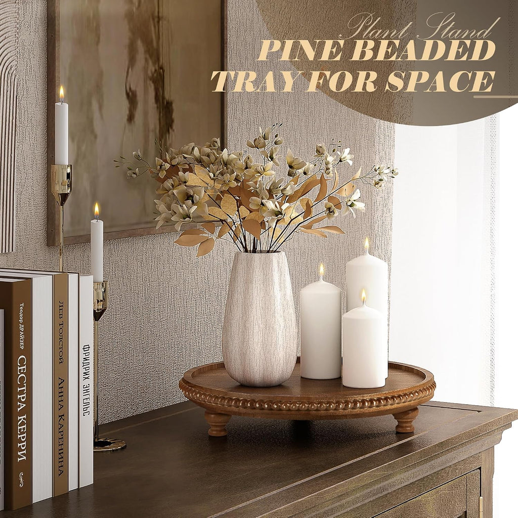 Acacia Wood round Display Riser, Beaded Pedestal Stand for Coffee Table, Vanity, Kitchen Counter