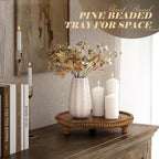 Acacia Wood round Display Riser, Beaded Pedestal Stand for Coffee Table, Vanity, Kitchen Counter