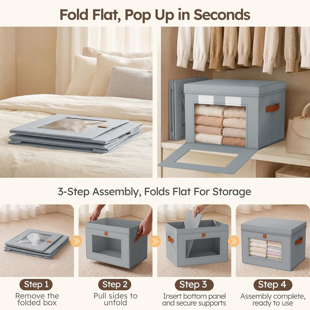 Fabric Storage Bins with Lids, Collapsible Closet Organizer with Window & Handles, Stackable, Set of 6