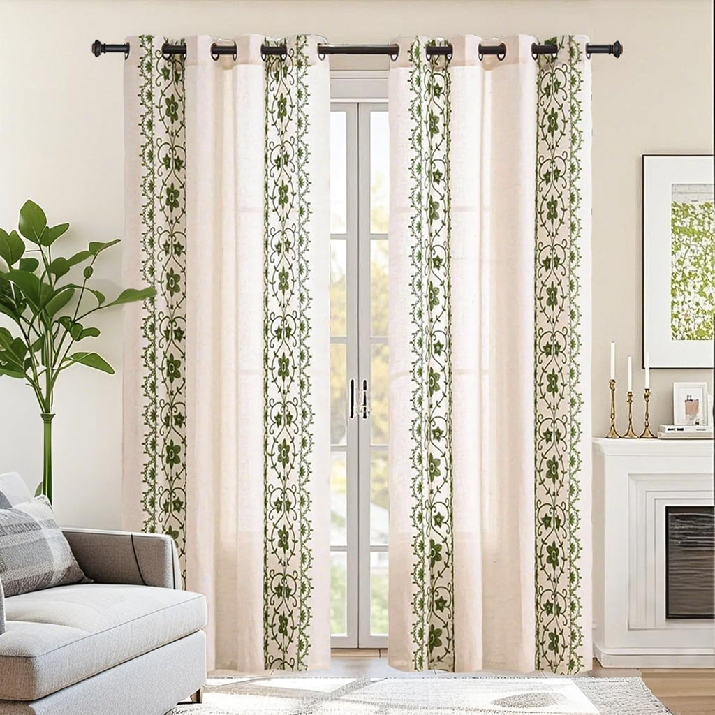 Sage Green Boho Curtains, Vintage Floral Embroidered Linen Drapes, Set of 2 Panels 52X84