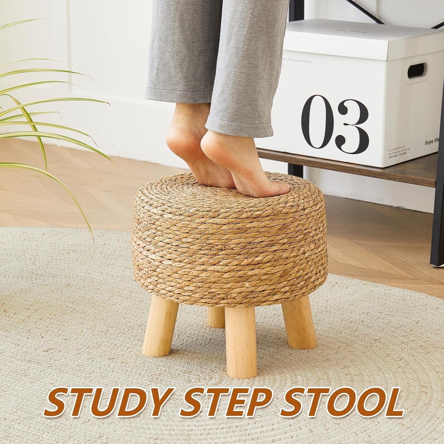 Round Seagrass Footstool, Natural Woven Ottoman with Wood Legs, Multifunctional Accent Stool