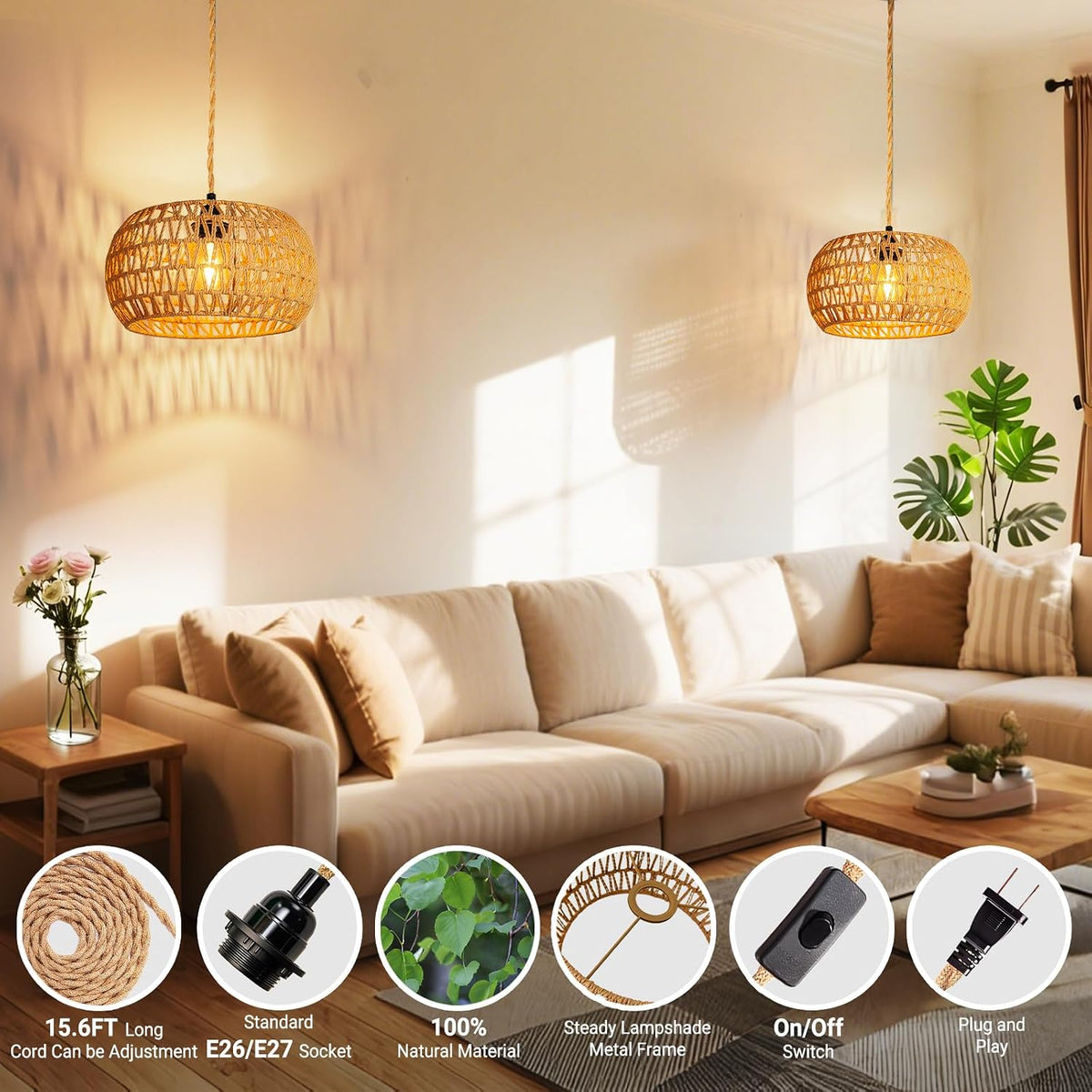 Rattan Pendant Light Plug-In - detail
