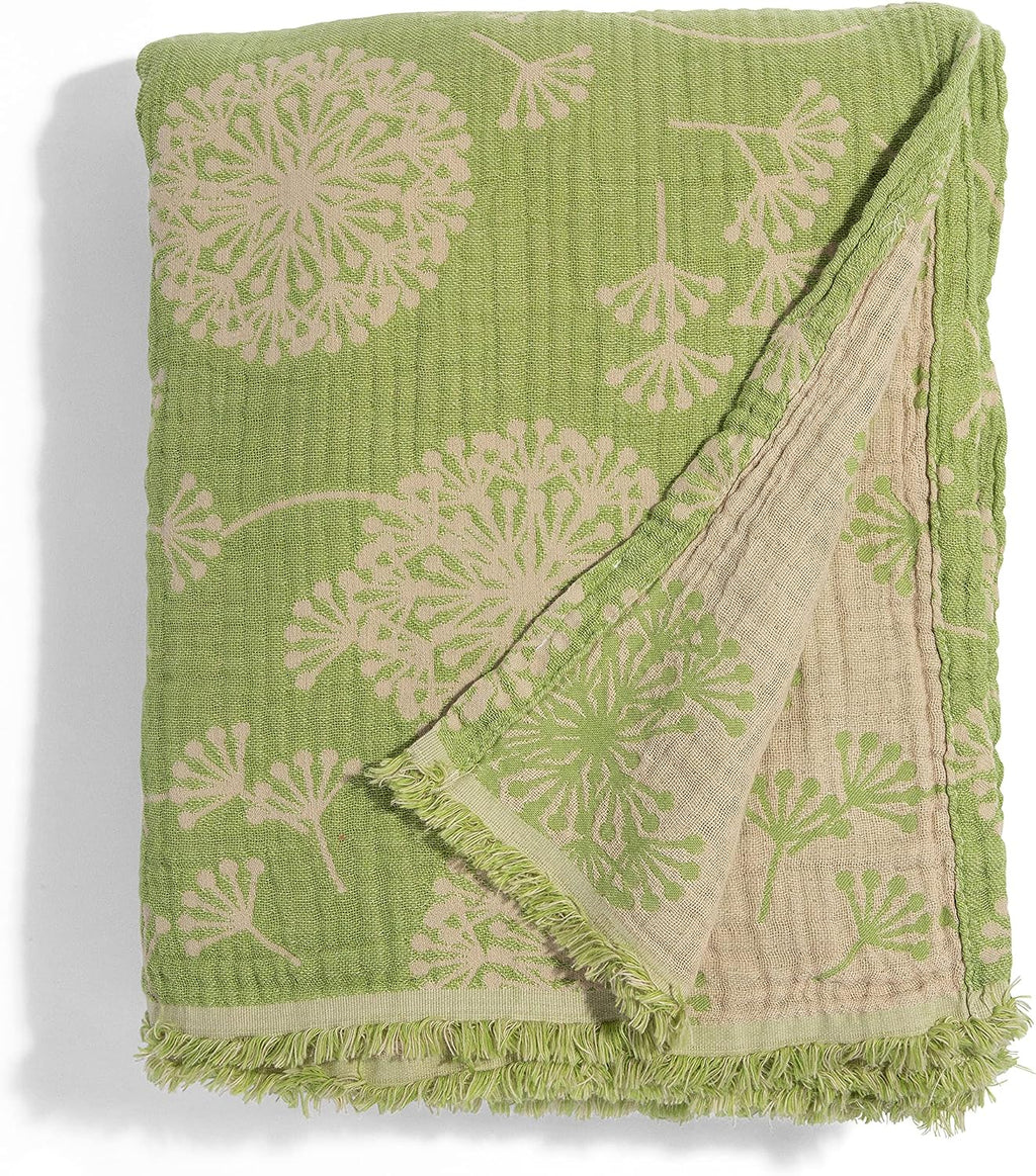 Turkish Cotton Muslin Throw Blanket, Reversible Dandelion Pattern, Oversized 92X65