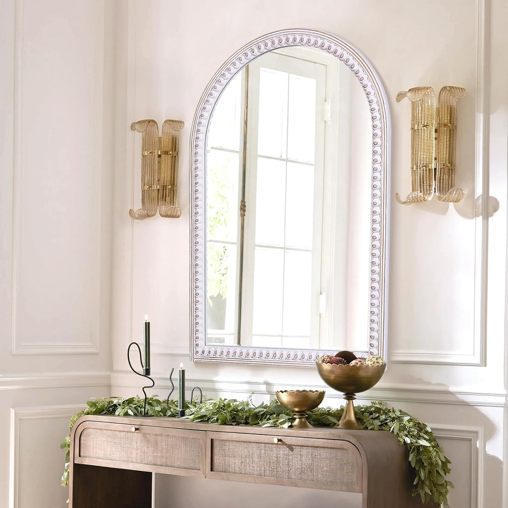 Wooden Arched Wall Mirror 36X24, Boho Farmhouse Bead Border Mirror for Bathroom, Entryway, Living Room